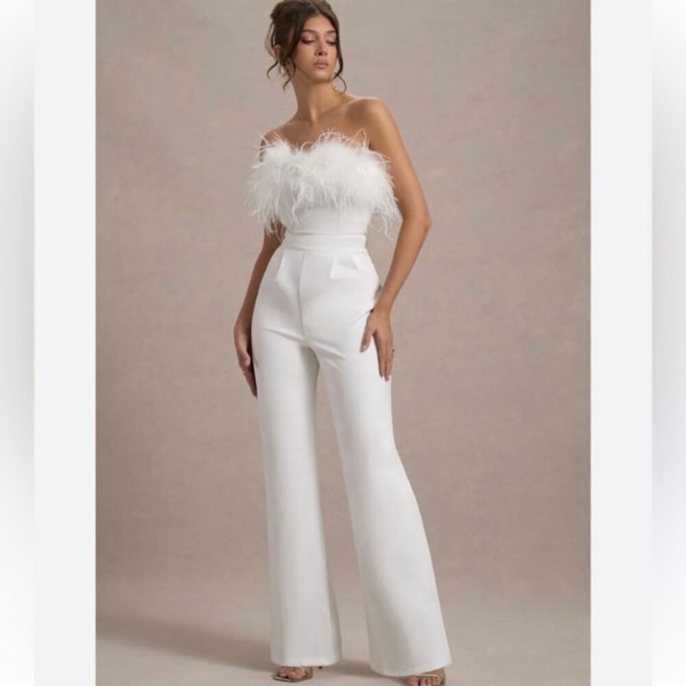 Club L London White Strapless Feather Bust Jumpsuit